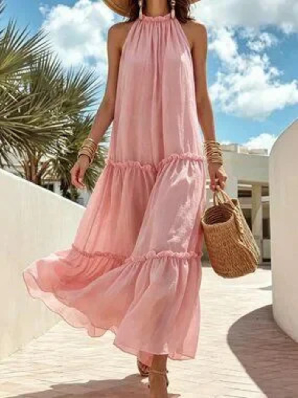 ZARA Pink Boho Women's Layered Ruffle Halter Dress